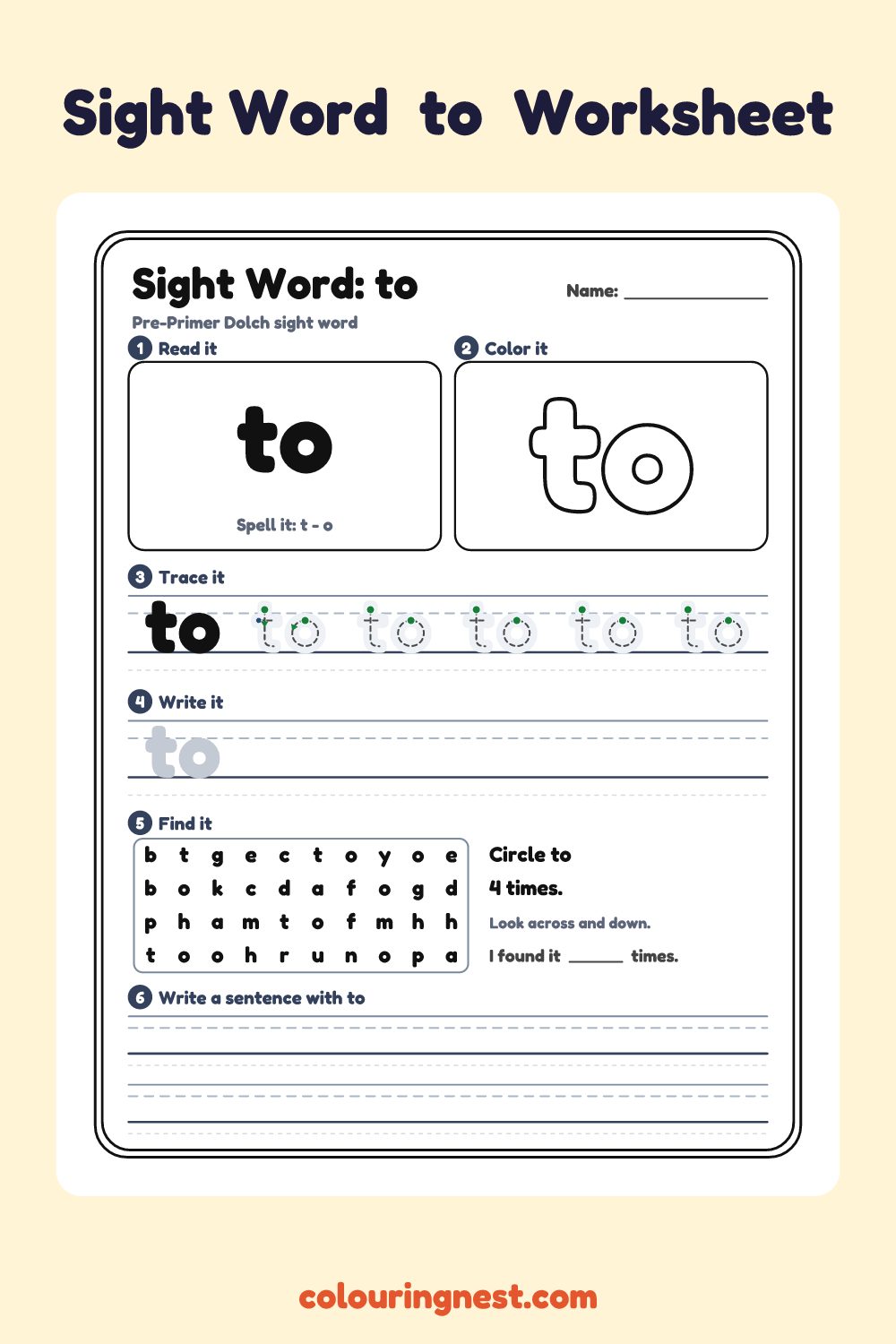 “to” sight word worksheet: read it, color it, trace it, write it, find it and use it in a sentence