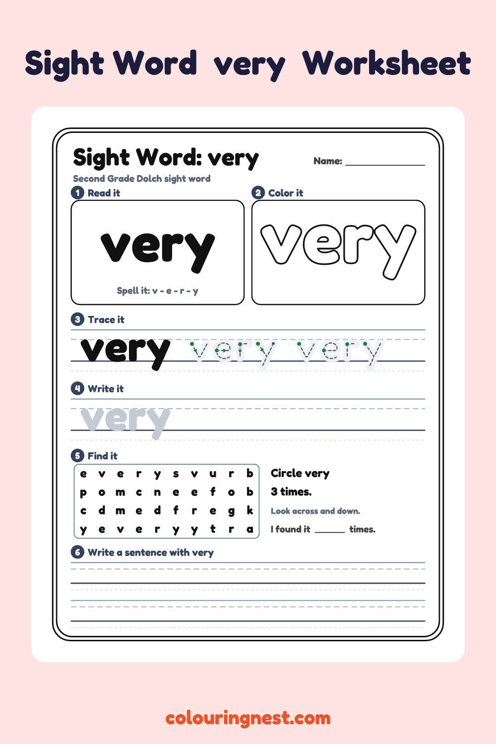 “very” sight word worksheet: read it, color it, trace it, write it, find it and use it in a sentence