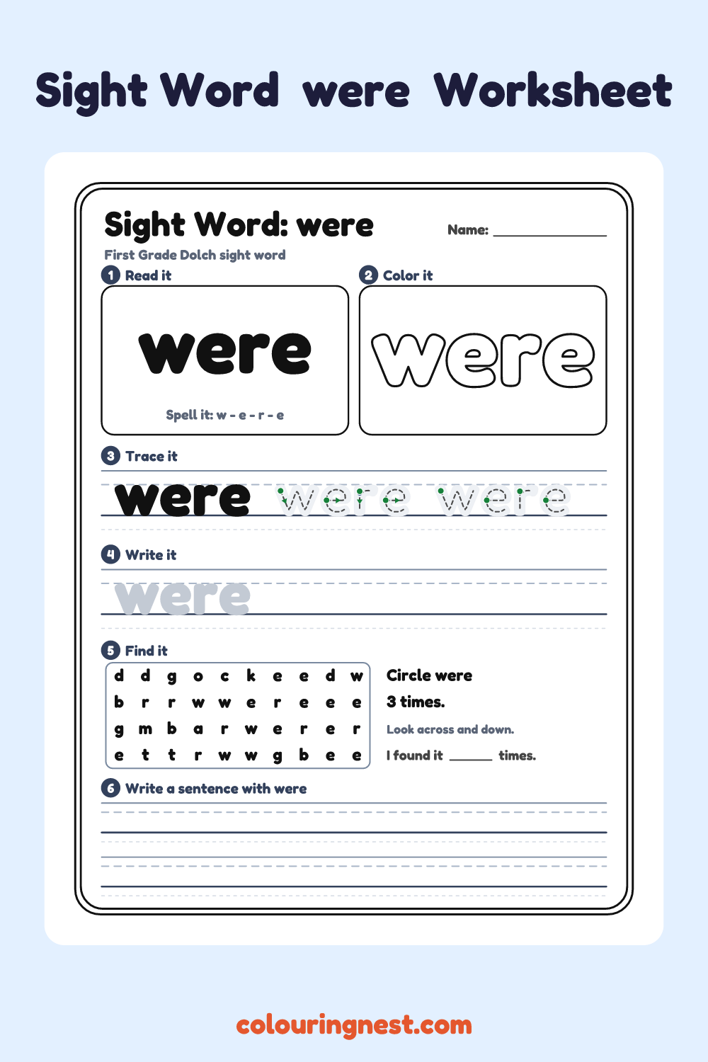 “were” sight word worksheet: read it, color it, trace it, write it, find it and use it in a sentence