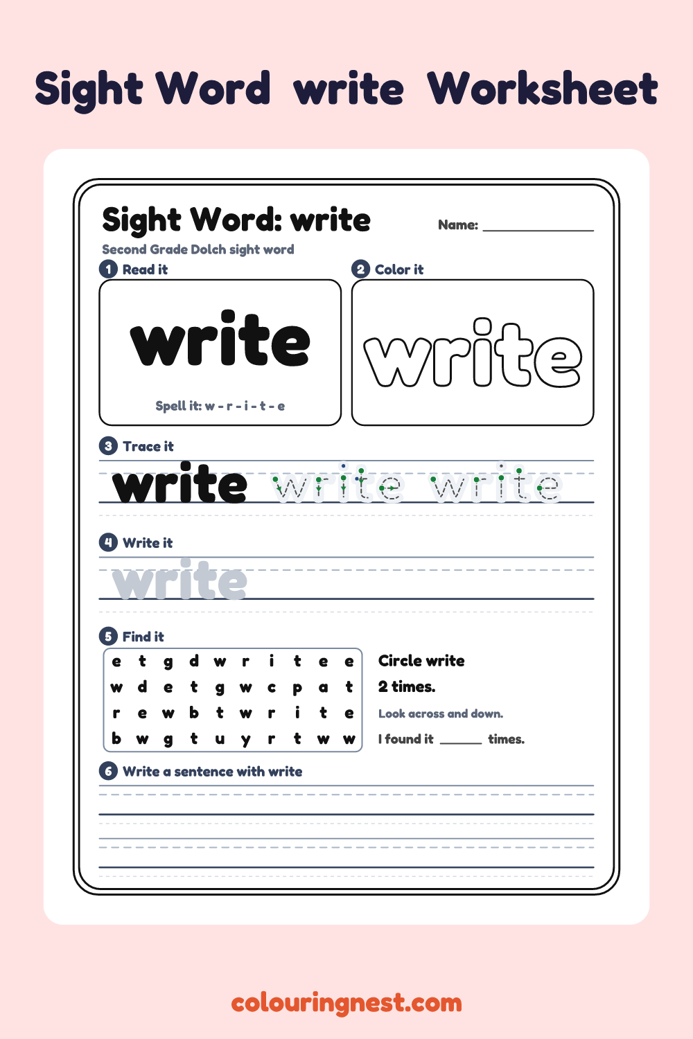 “write” sight word worksheet: read it, color it, trace it, write it, find it and use it in a sentence