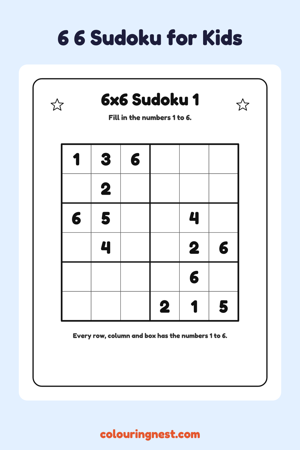 6×6 Sudoku #1 worksheet: free printable black-and-white line art