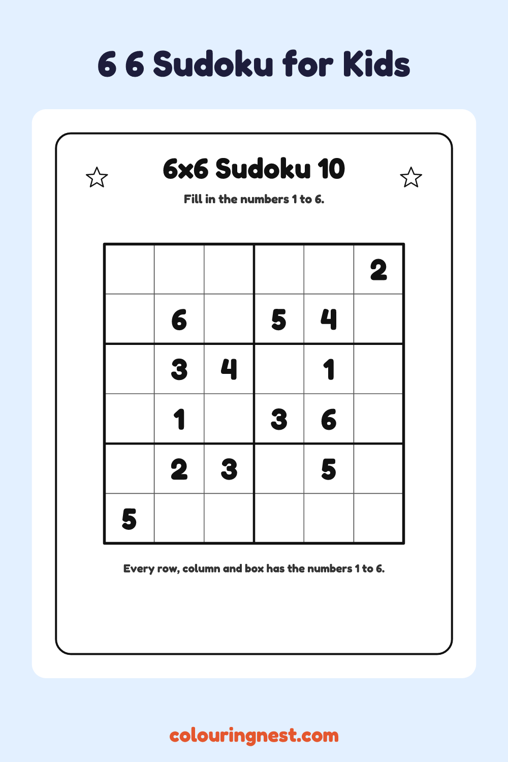 6×6 Sudoku #10 worksheet: free printable black-and-white line art