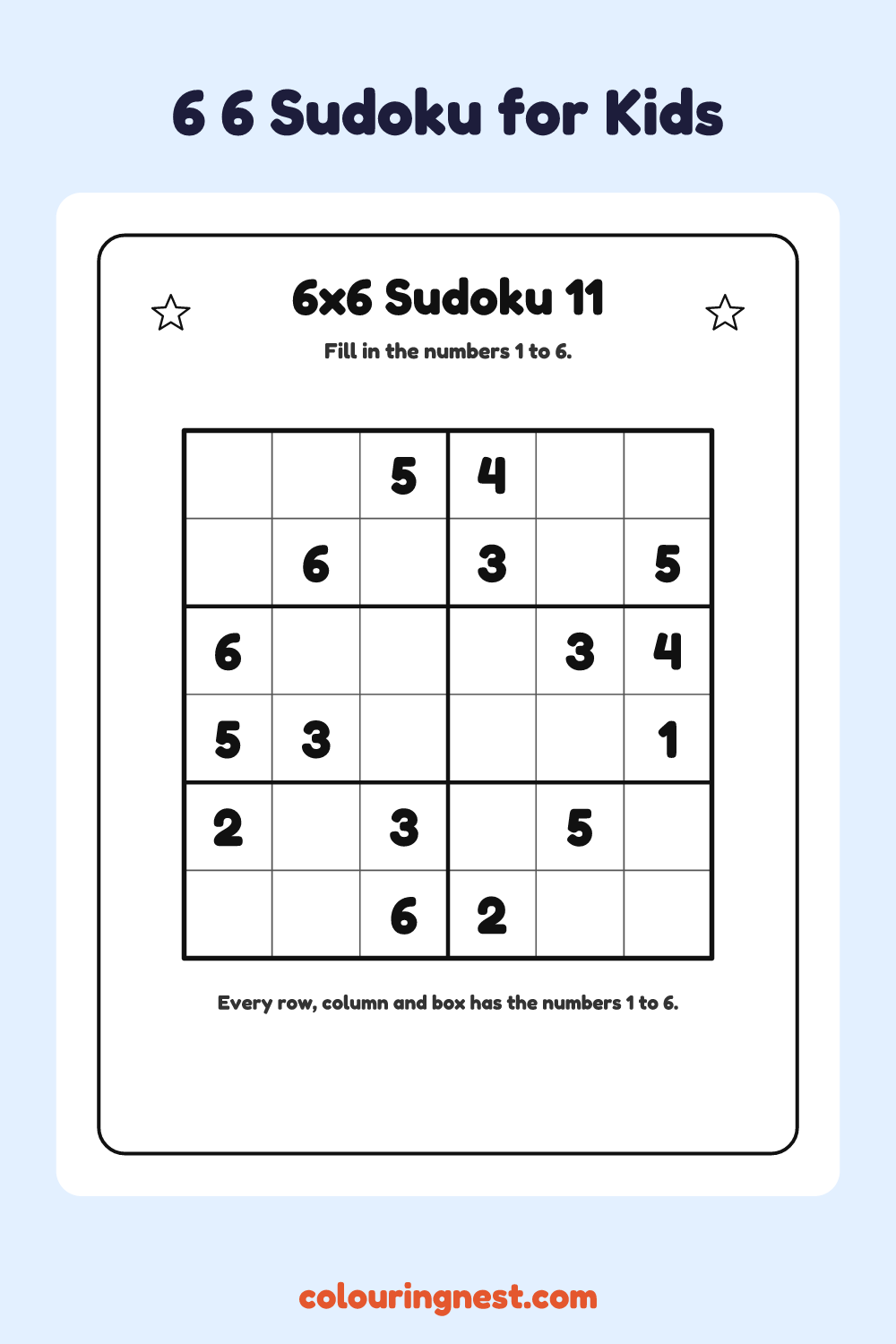 6×6 Sudoku #11 worksheet: free printable black-and-white line art
