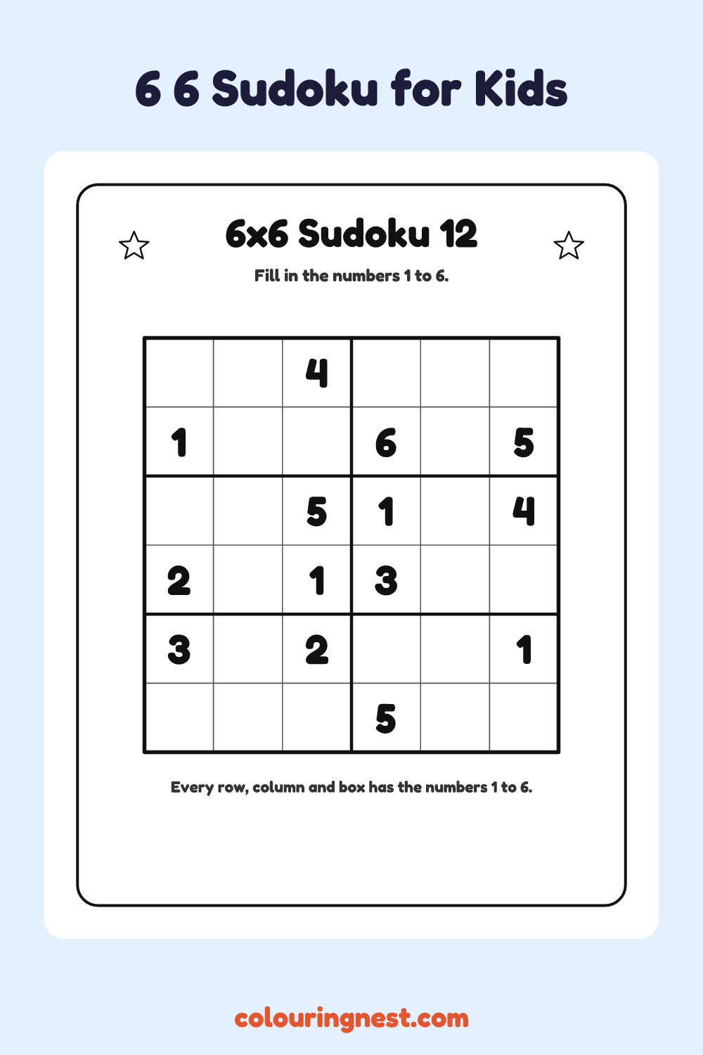 6×6 Sudoku #12 worksheet: free printable black-and-white line art