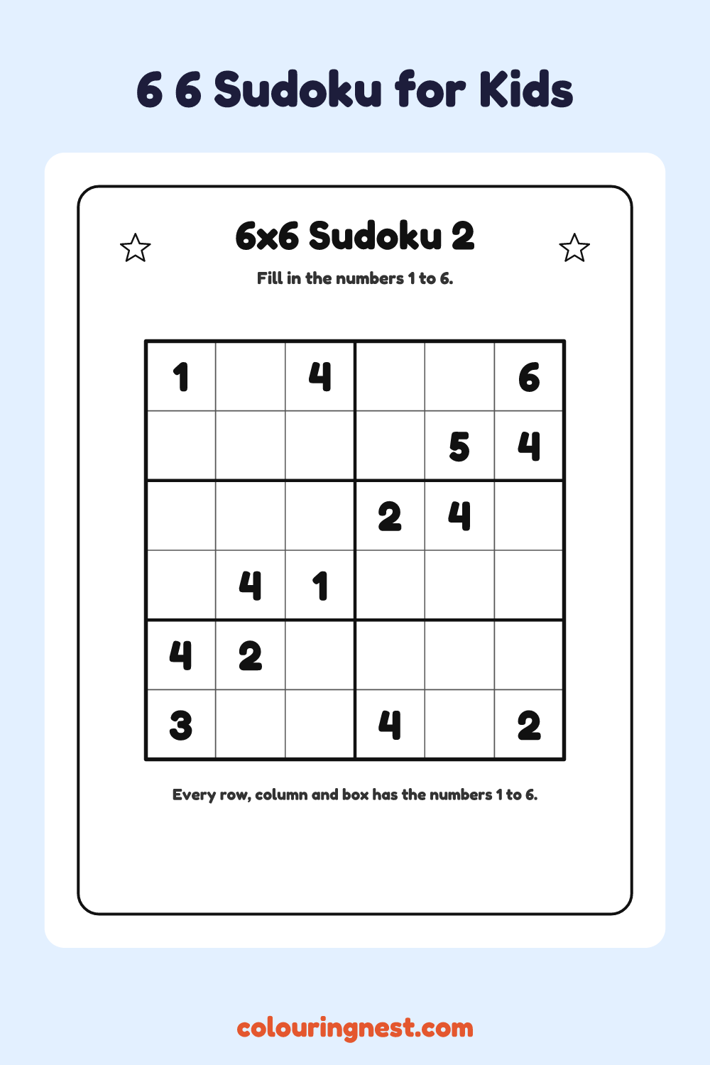 6×6 Sudoku #2 worksheet: free printable black-and-white line art