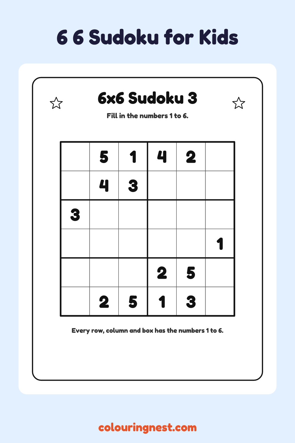 6×6 Sudoku #3 worksheet: free printable black-and-white line art
