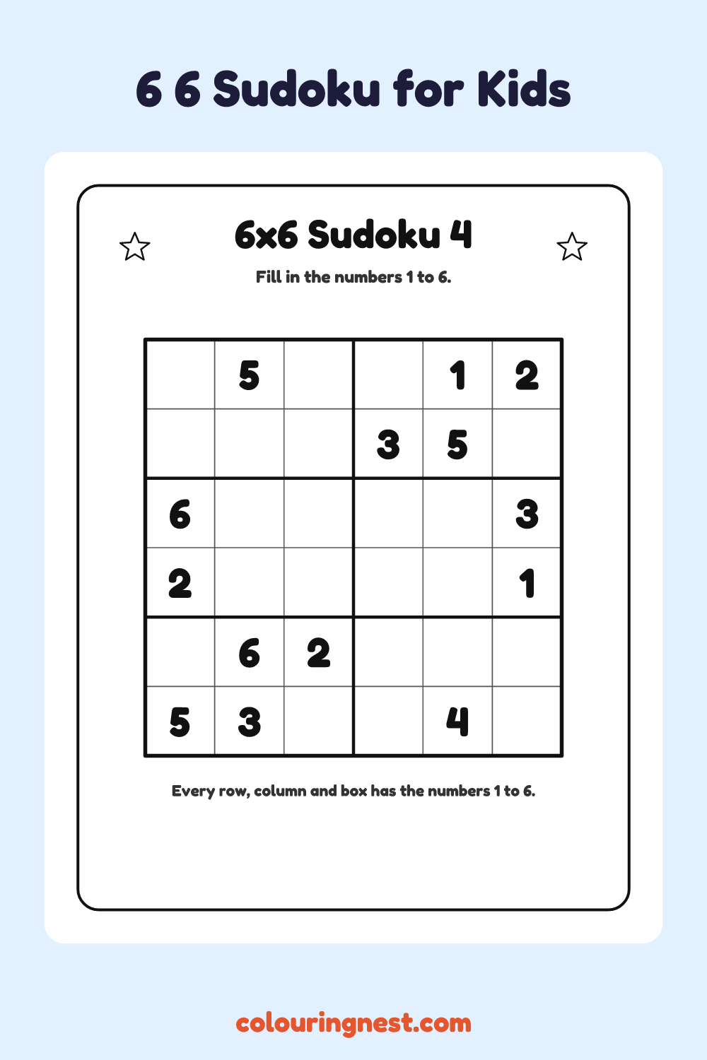 6×6 Sudoku #4 worksheet: free printable black-and-white line art
