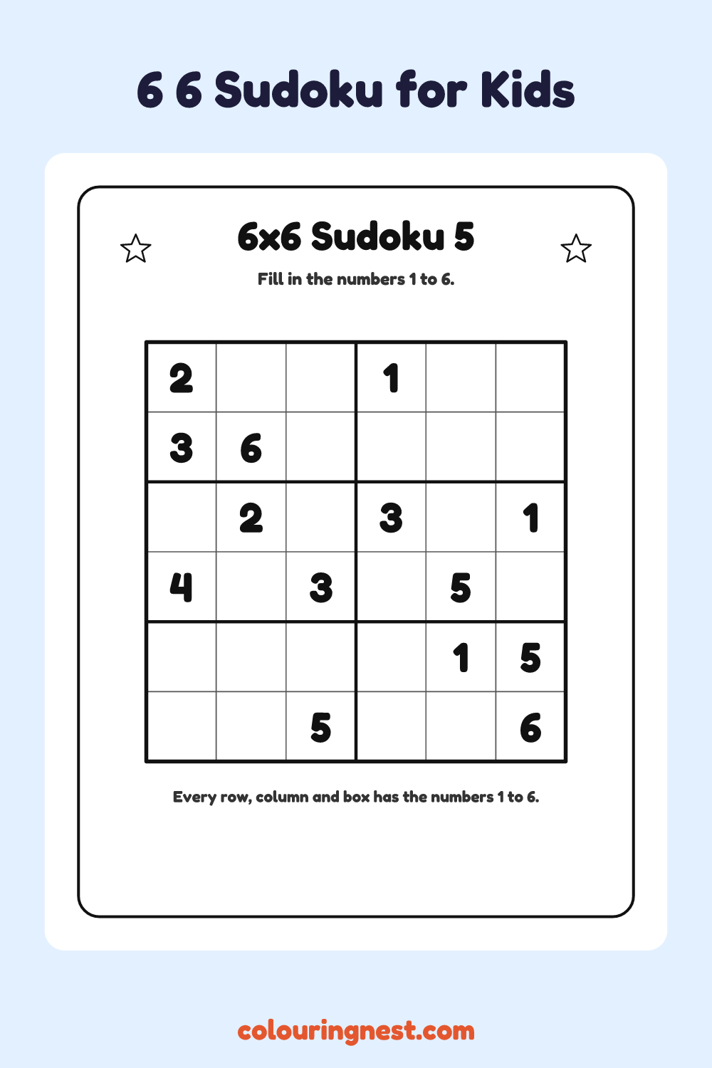 6×6 Sudoku #5 worksheet: free printable black-and-white line art