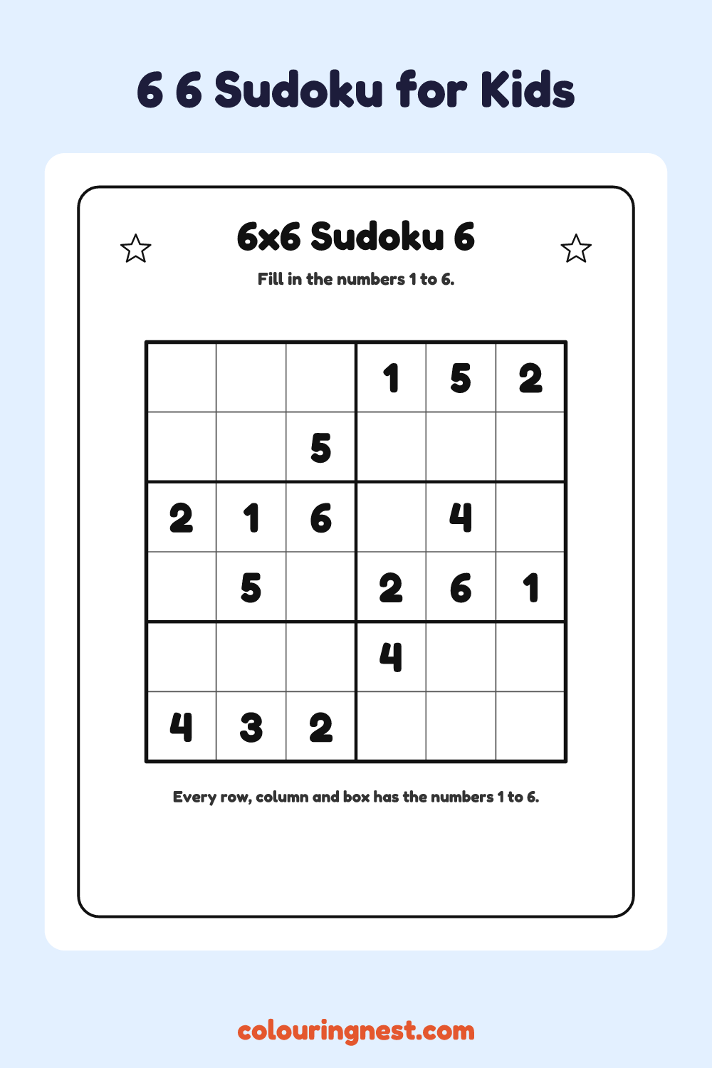 6×6 Sudoku #6 worksheet: free printable black-and-white line art