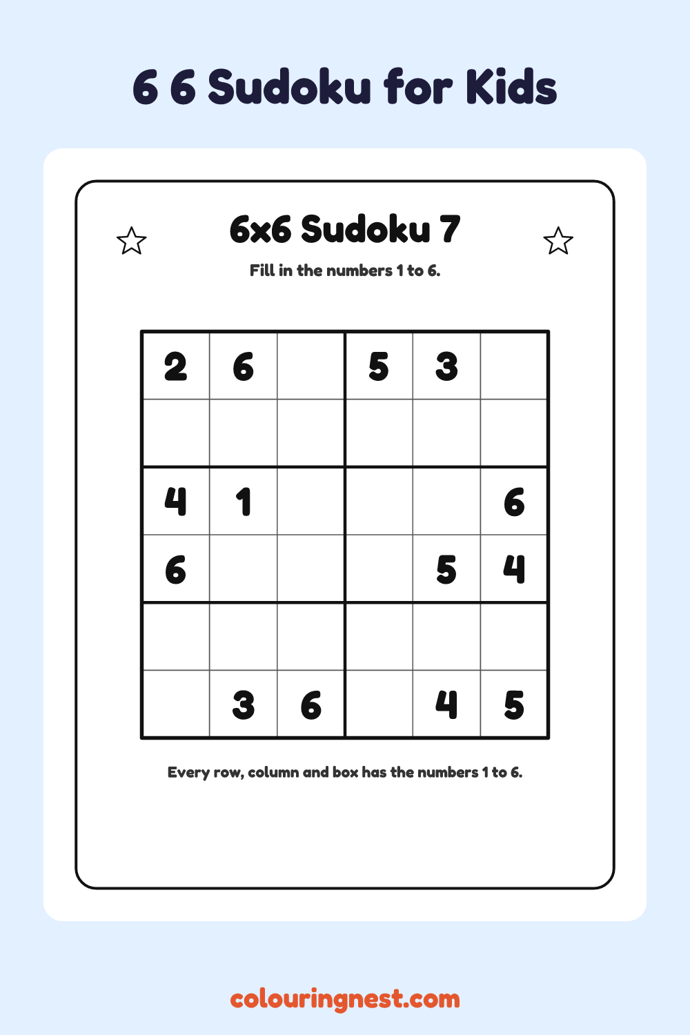 6×6 Sudoku #7 worksheet: free printable black-and-white line art