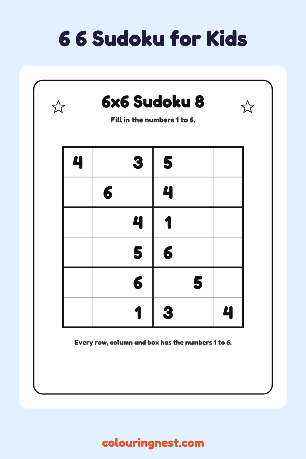 6×6 Sudoku #8 worksheet: free printable black-and-white line art
