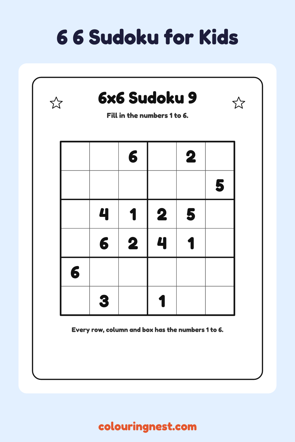 6×6 Sudoku #9 worksheet: free printable black-and-white line art