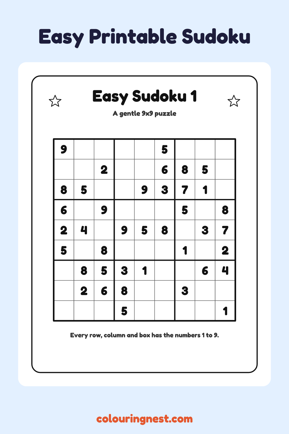 Easy Sudoku #1 worksheet: free printable black-and-white line art