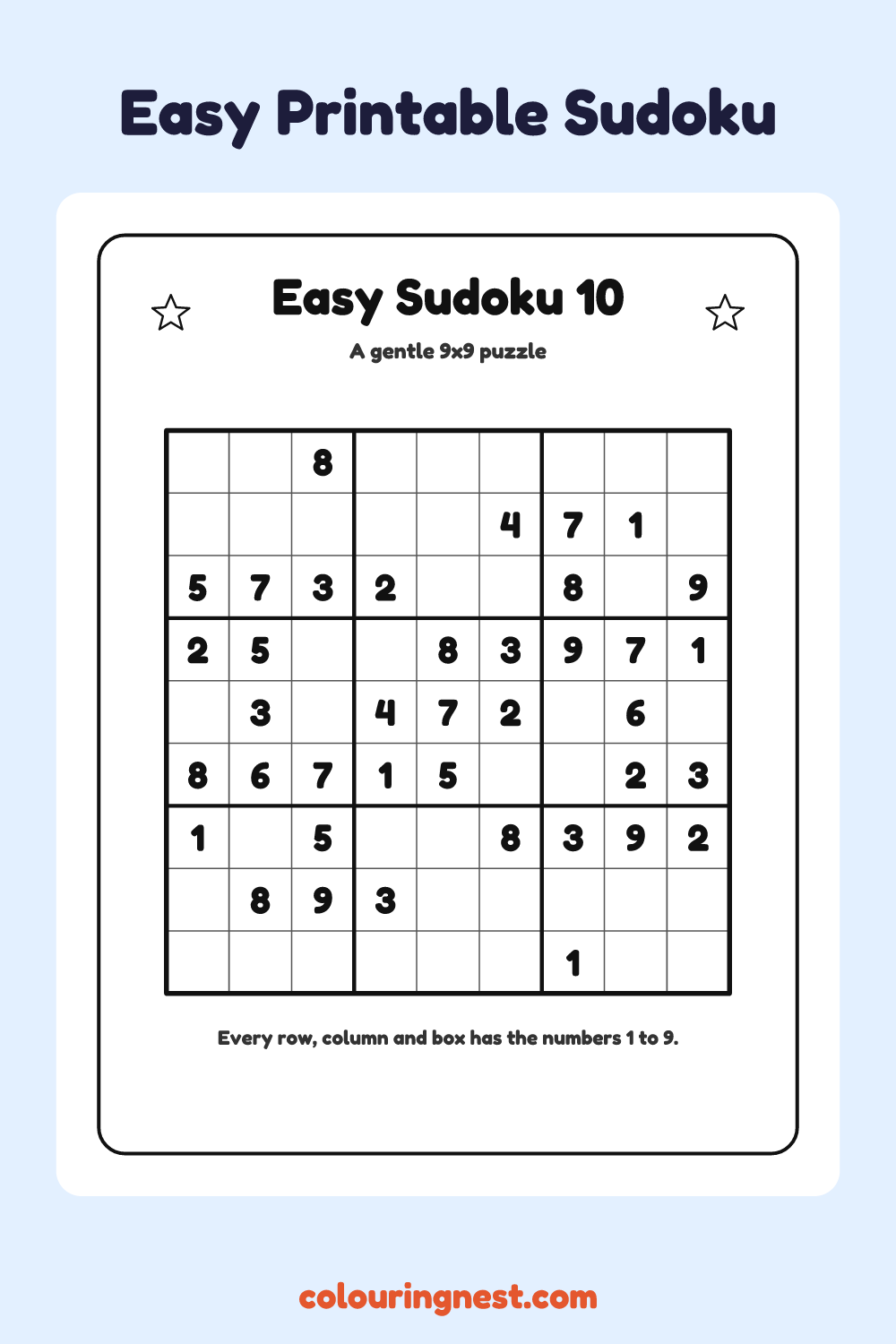 Easy Sudoku #10 worksheet: free printable black-and-white line art