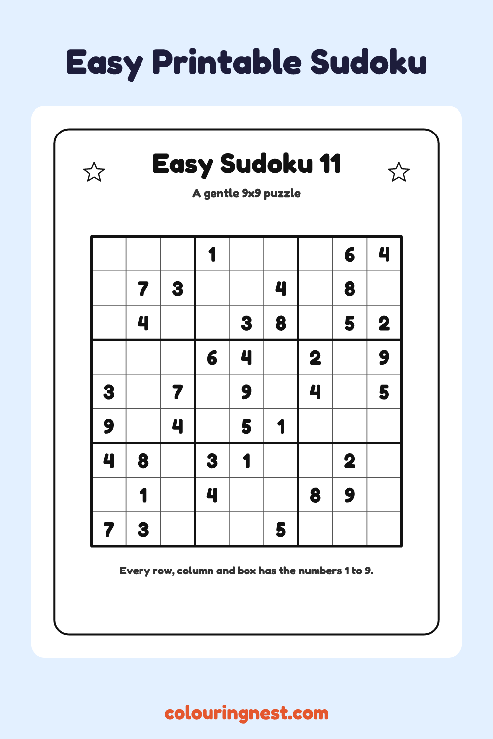 Easy Sudoku #11 worksheet: free printable black-and-white line art