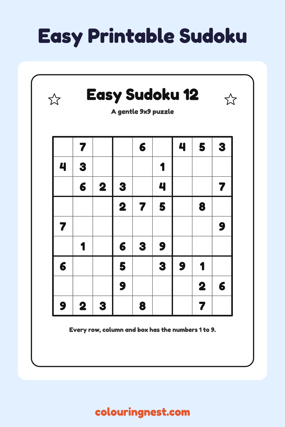 Easy Sudoku #12 worksheet: free printable black-and-white line art