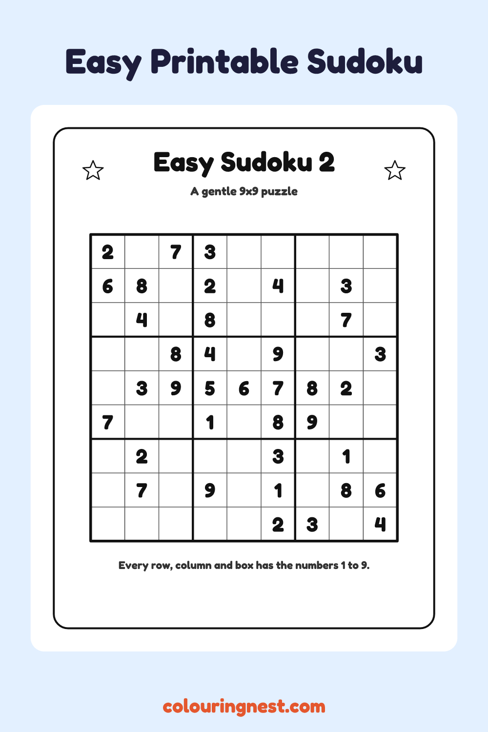 Easy Sudoku #2 worksheet: free printable black-and-white line art
