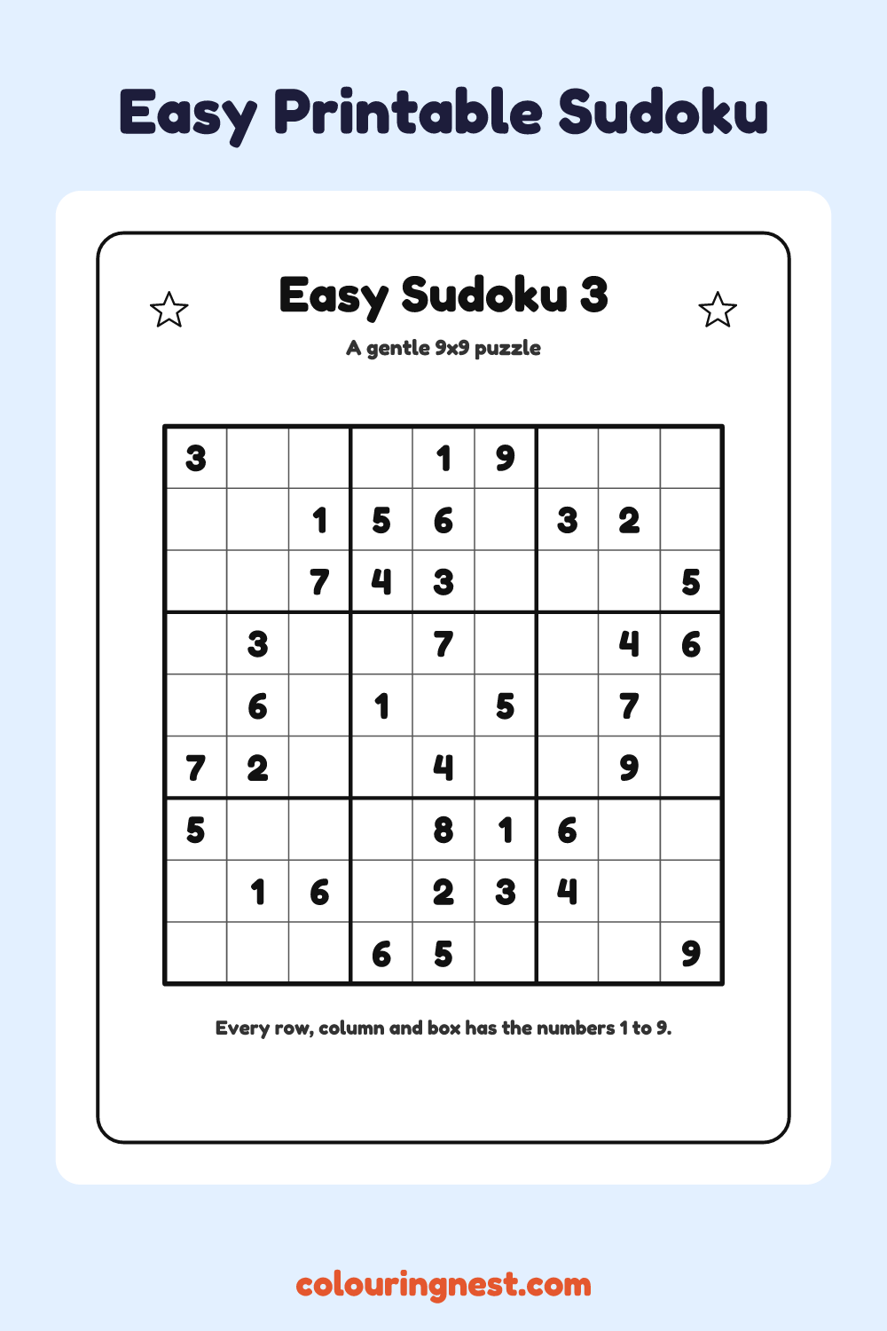 Easy Sudoku #3 worksheet: free printable black-and-white line art