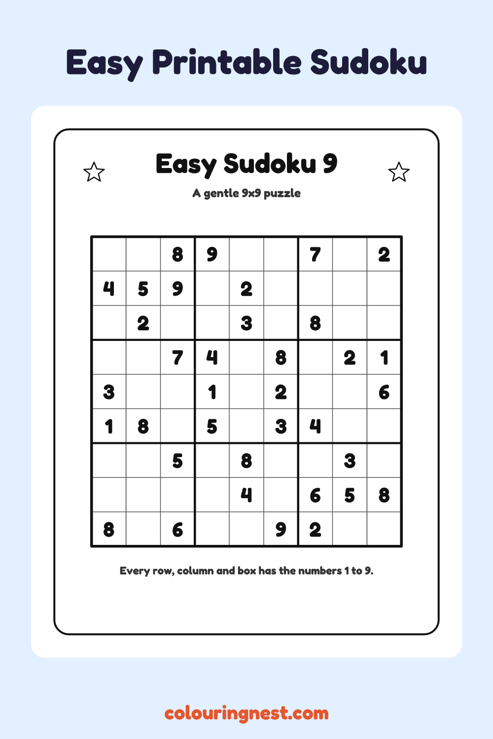 Easy Sudoku #9 worksheet: free printable black-and-white line art