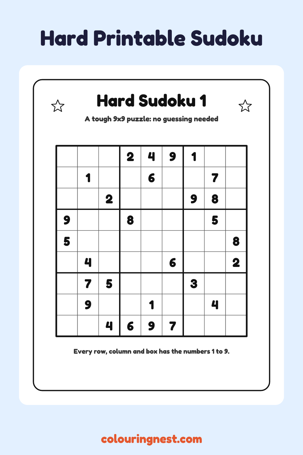 Hard Sudoku #1 worksheet: free printable black-and-white line art