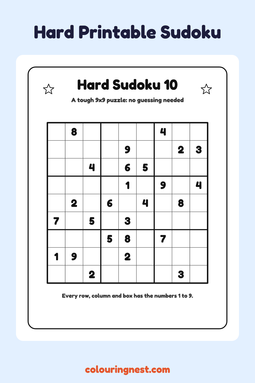 Hard Sudoku #10 worksheet: free printable black-and-white line art