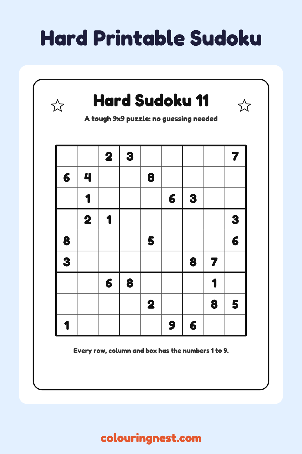Hard Sudoku #11 worksheet: free printable black-and-white line art