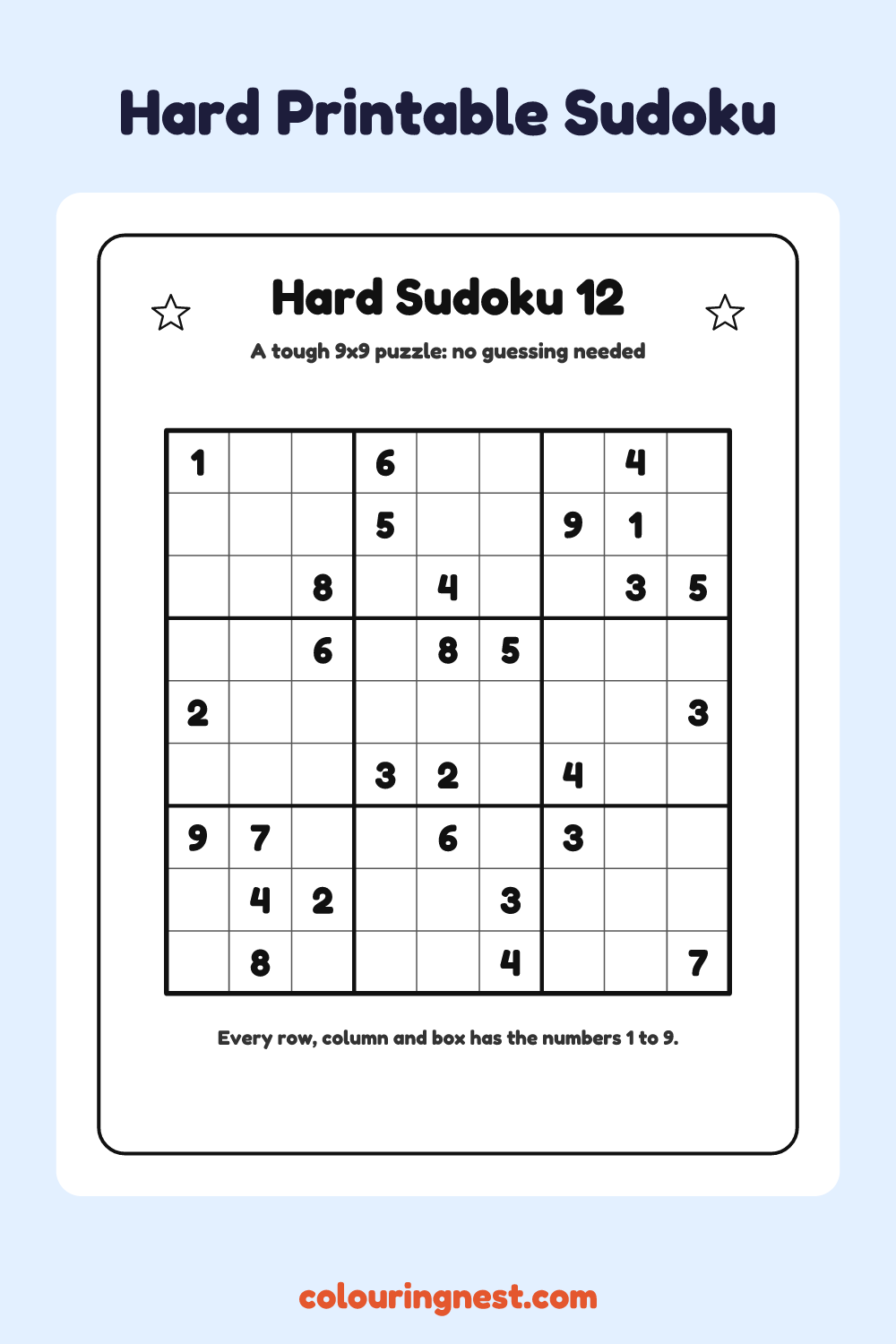 Hard Sudoku #12 worksheet: free printable black-and-white line art
