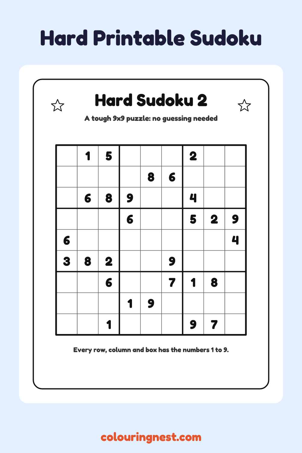Hard Sudoku #2 worksheet: free printable black-and-white line art