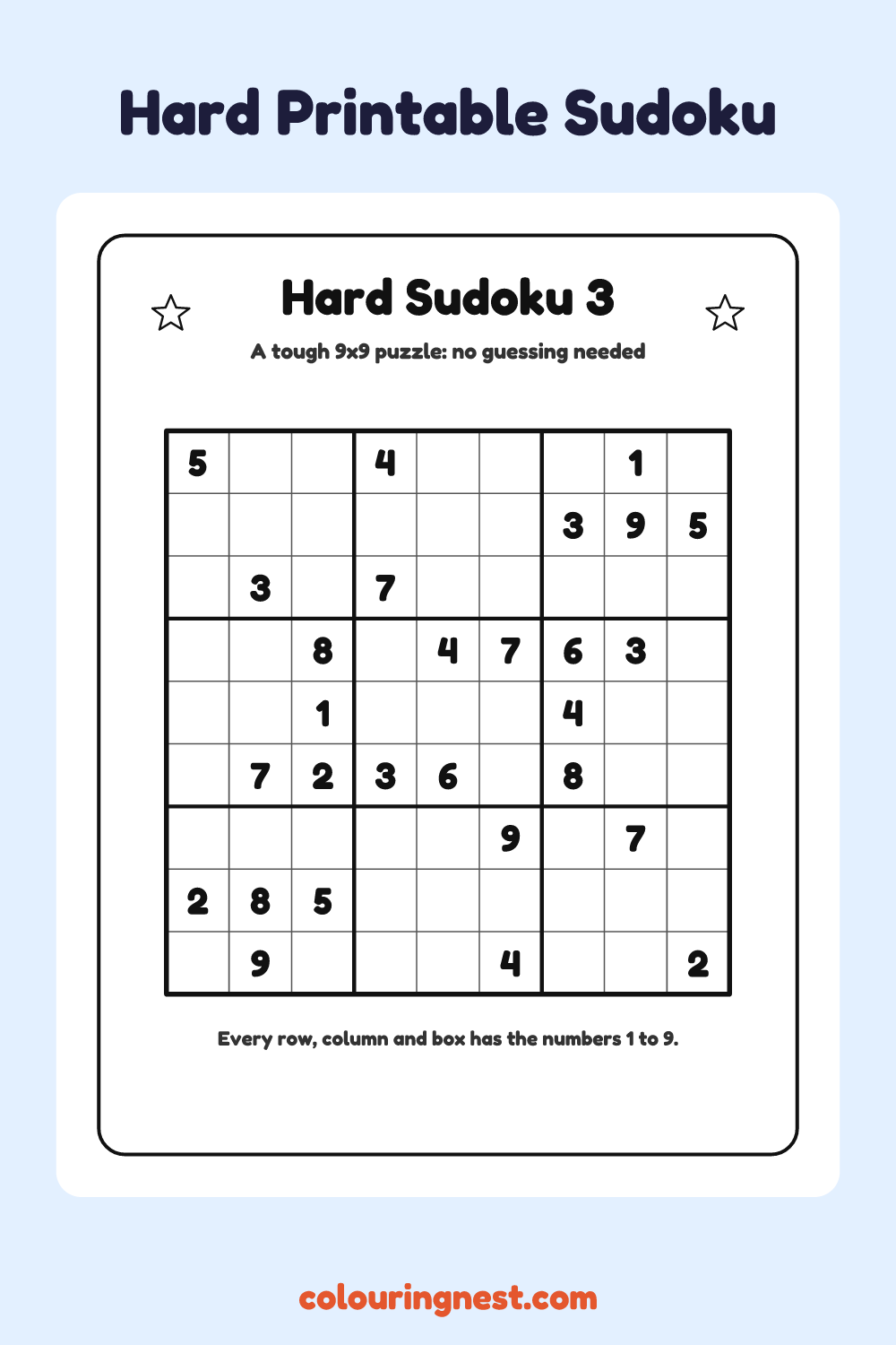 Hard Sudoku #3 worksheet: free printable black-and-white line art