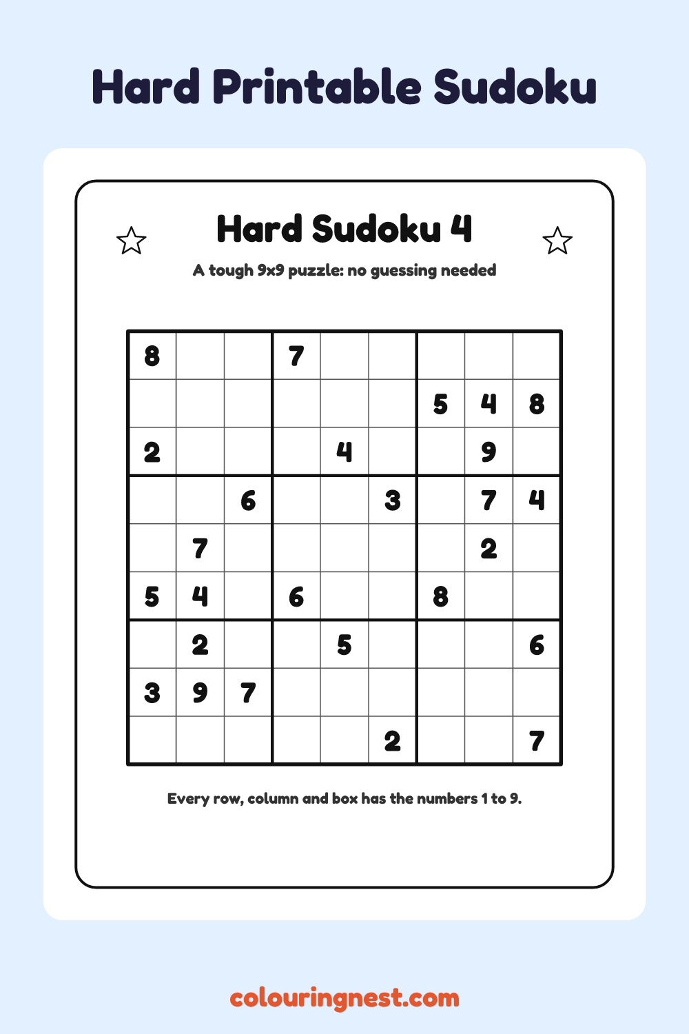 Hard Sudoku #4 worksheet: free printable black-and-white line art