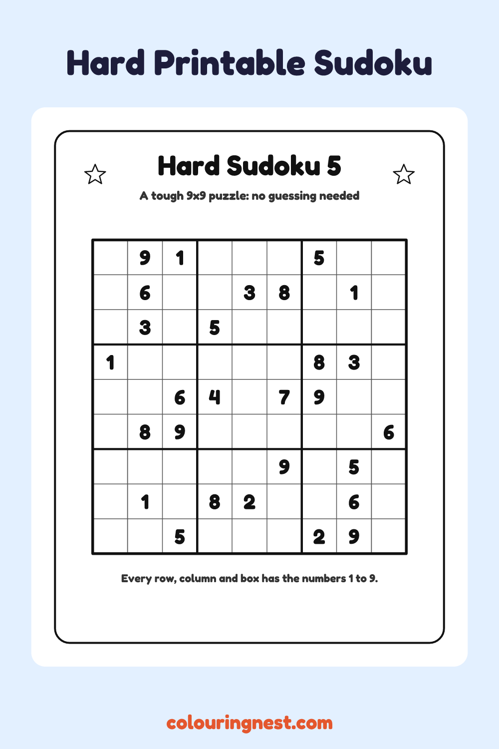 Hard Sudoku #5 worksheet: free printable black-and-white line art