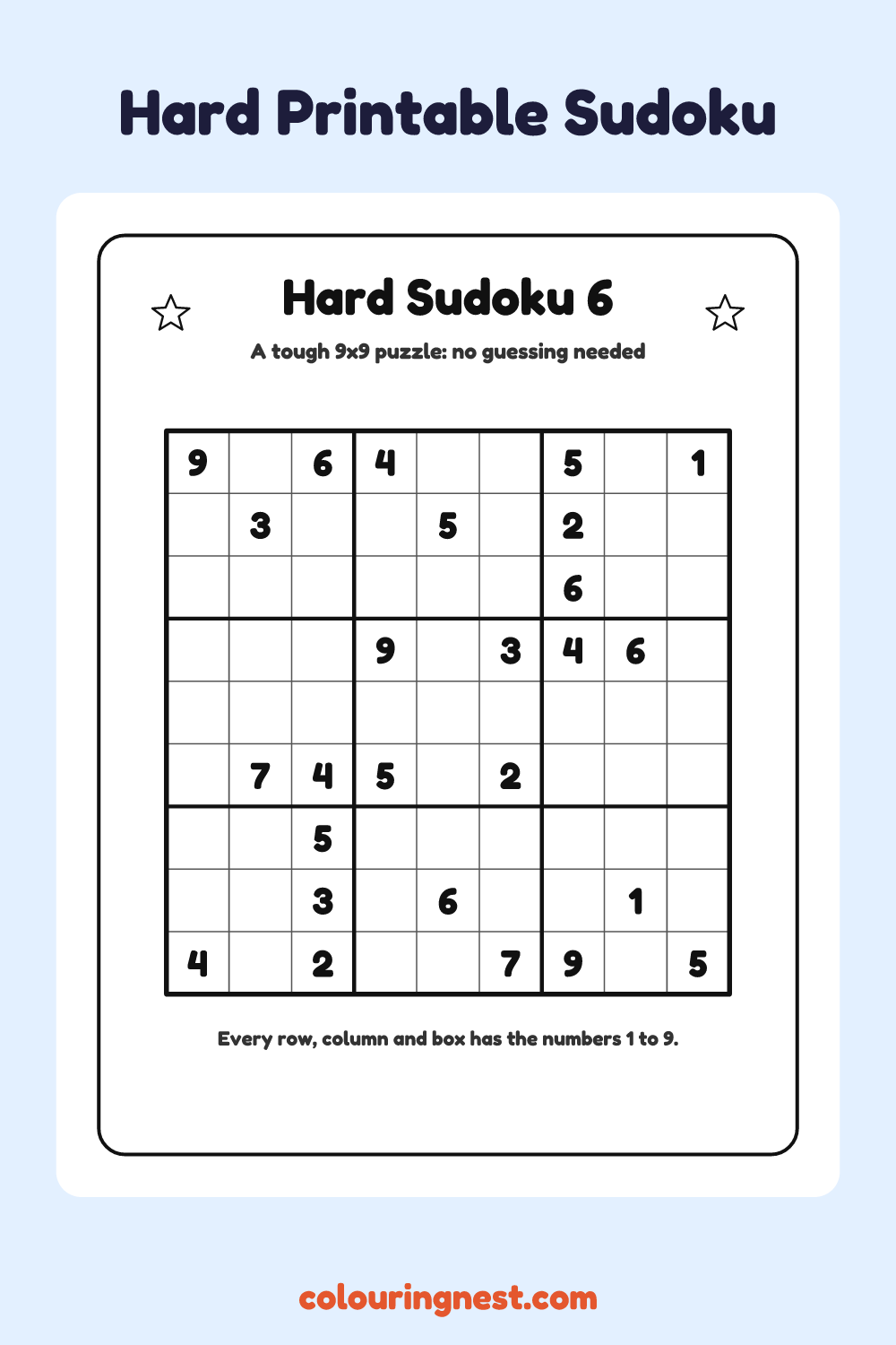 Hard Sudoku #6 worksheet: free printable black-and-white line art