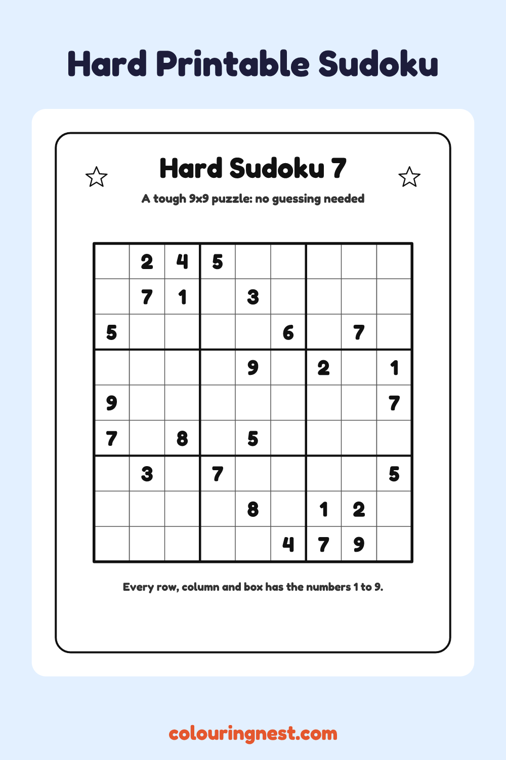 Hard Sudoku #7 worksheet: free printable black-and-white line art