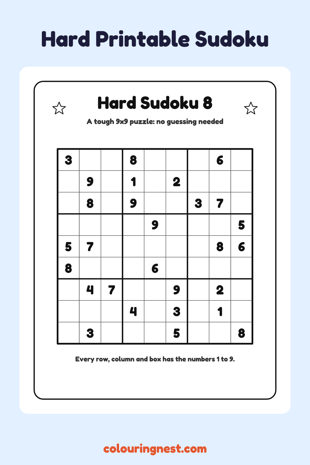 Hard Sudoku #8 worksheet: free printable black-and-white line art