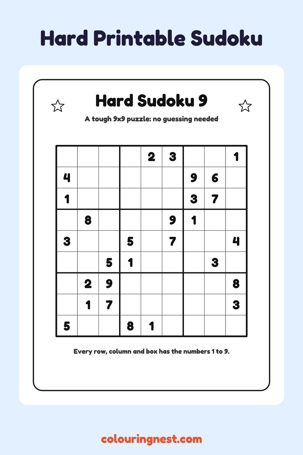 Hard Sudoku #9 worksheet: free printable black-and-white line art