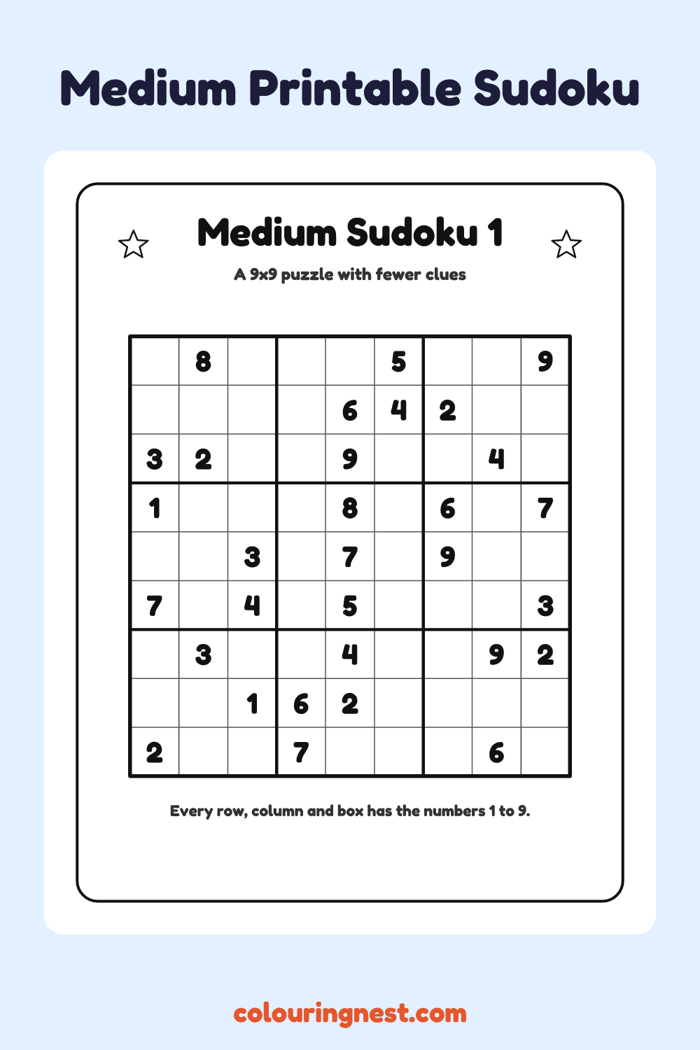 Medium Sudoku #1 worksheet: free printable black-and-white line art