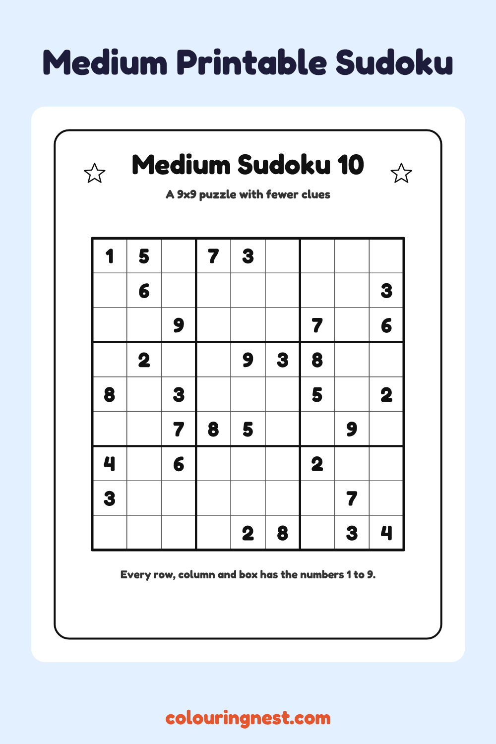 Medium Sudoku #10 worksheet: free printable black-and-white line art