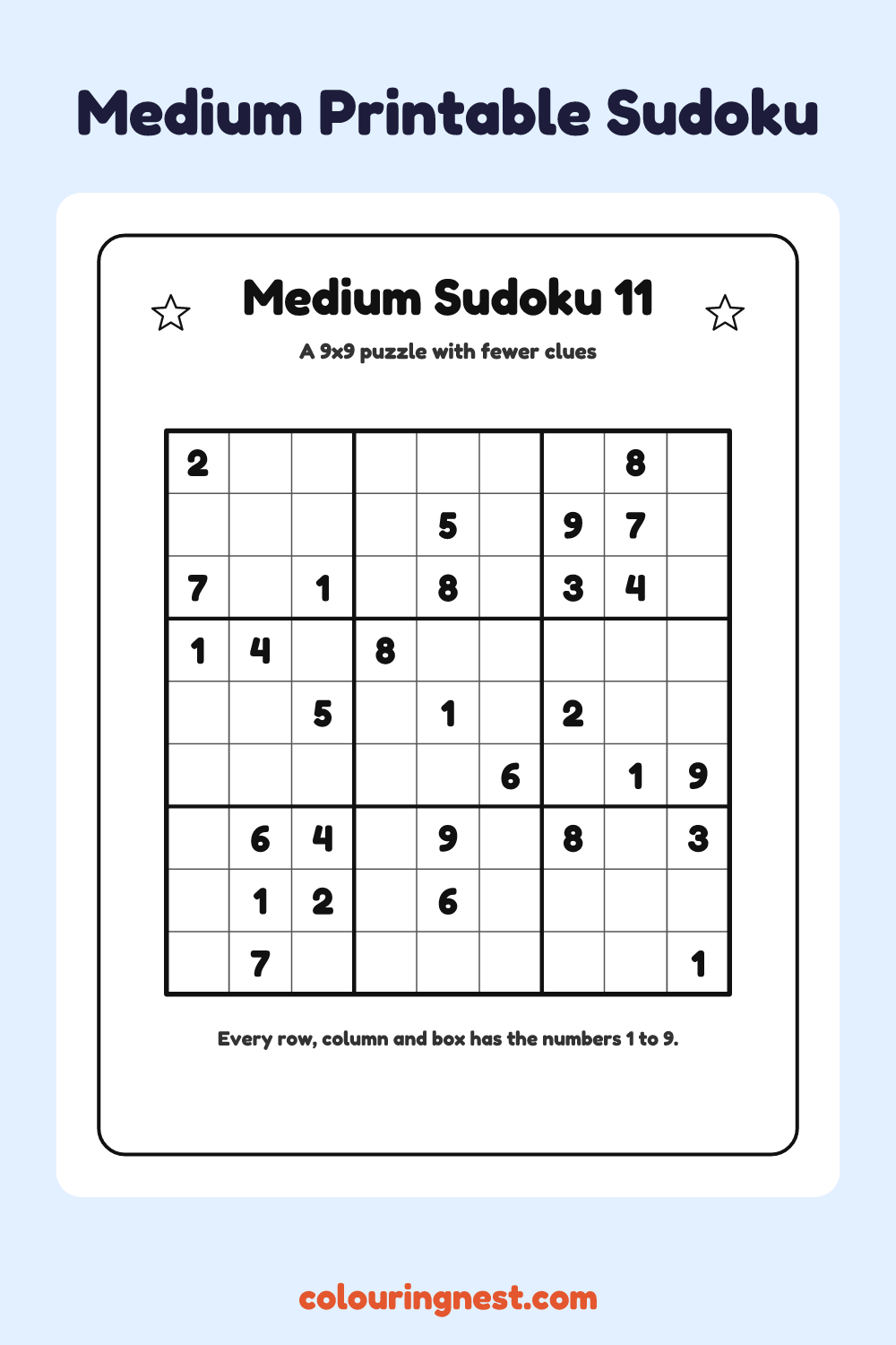 Medium Sudoku #11 worksheet: free printable black-and-white line art