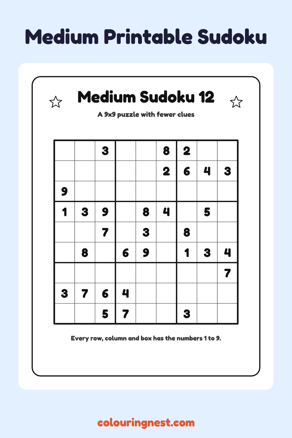 Medium Sudoku #12 worksheet: free printable black-and-white line art