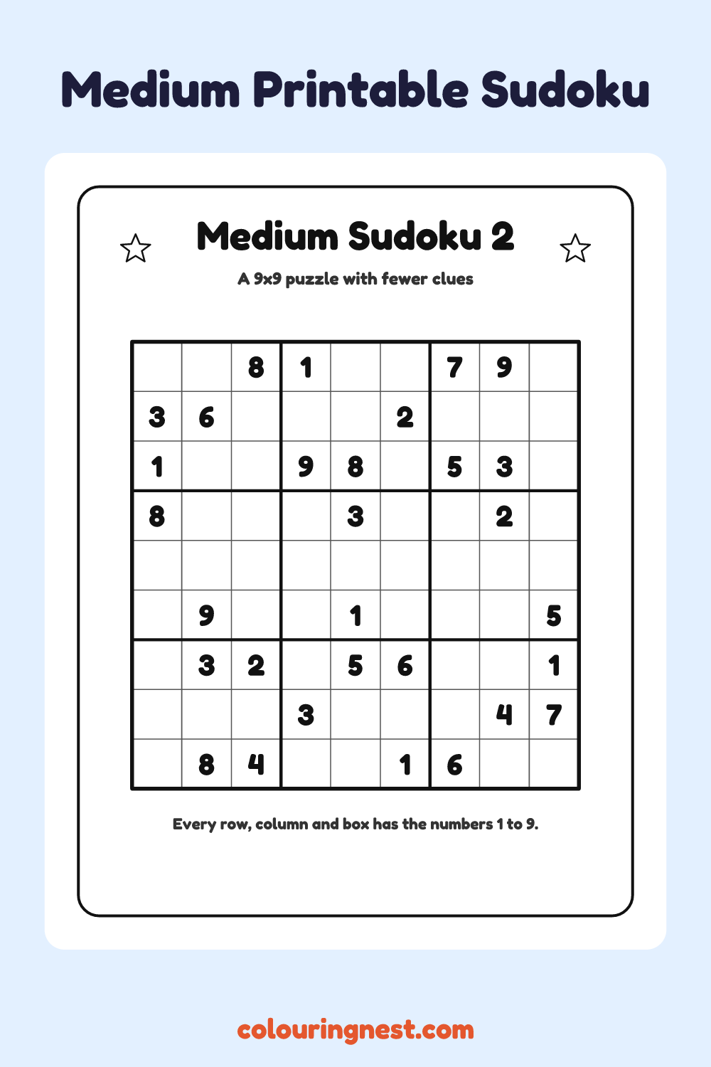 Medium Sudoku #2 worksheet: free printable black-and-white line art