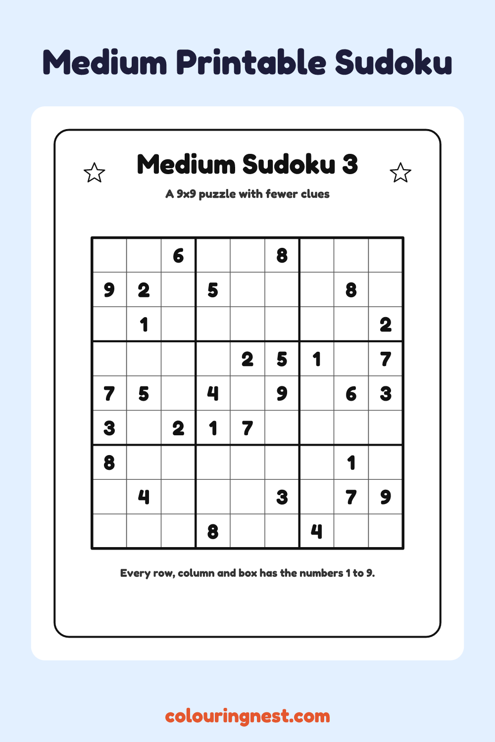 Medium Sudoku #3 worksheet: free printable black-and-white line art