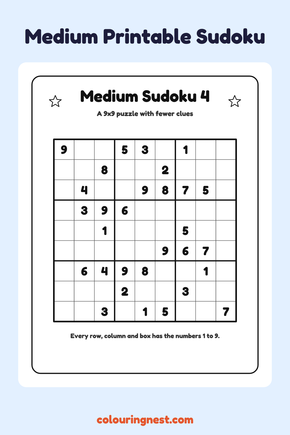 Medium Sudoku #4 worksheet: free printable black-and-white line art
