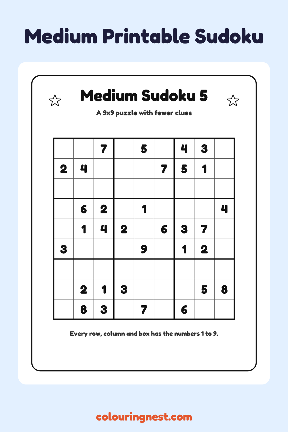 Medium Sudoku #5 worksheet: free printable black-and-white line art