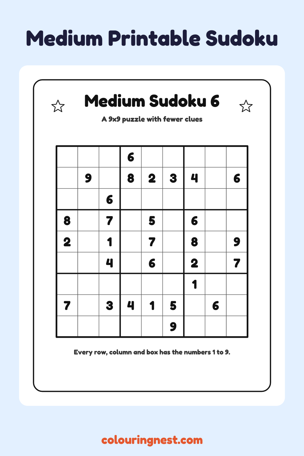 Medium Sudoku #6 worksheet: free printable black-and-white line art