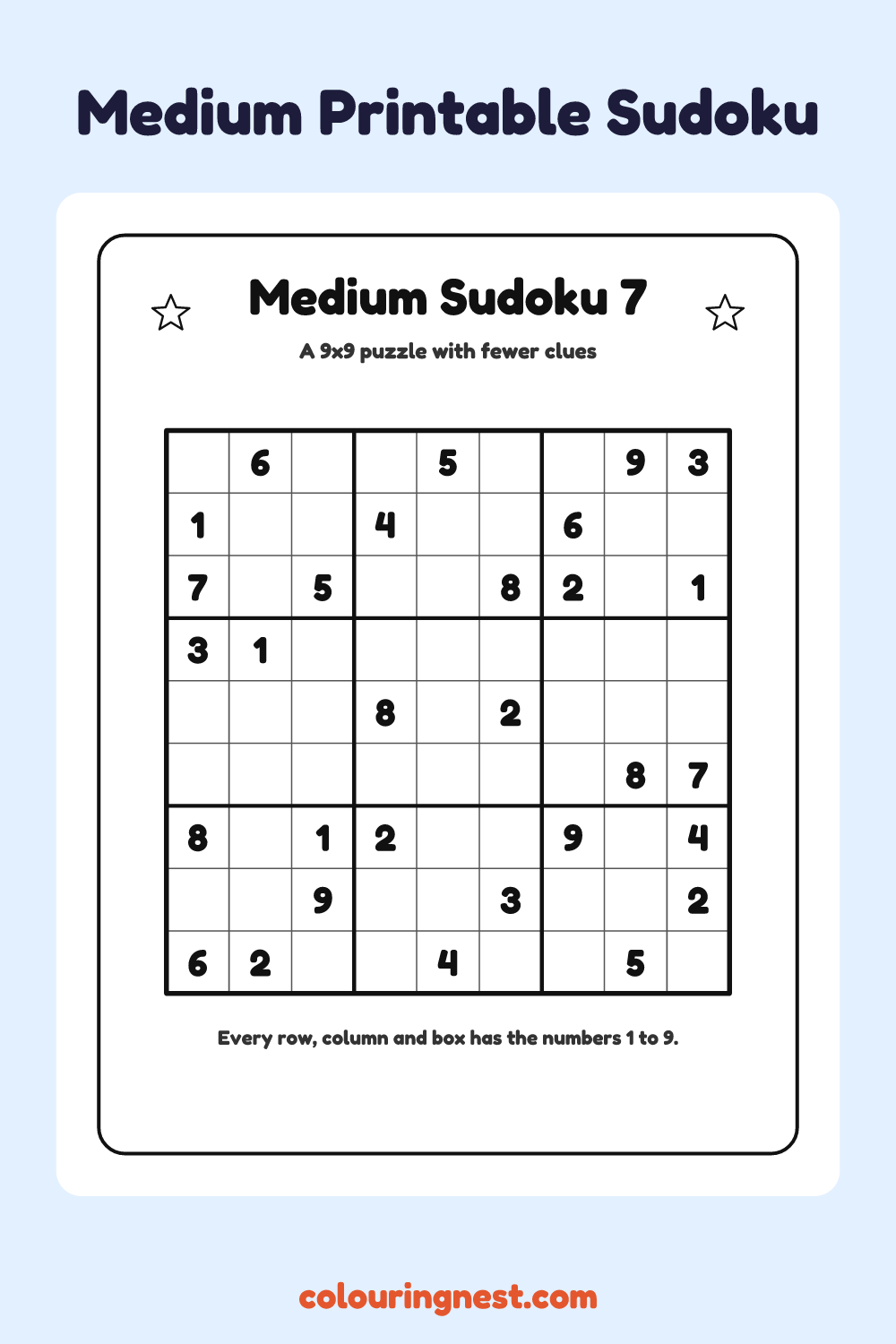 Medium Sudoku #7 worksheet: free printable black-and-white line art