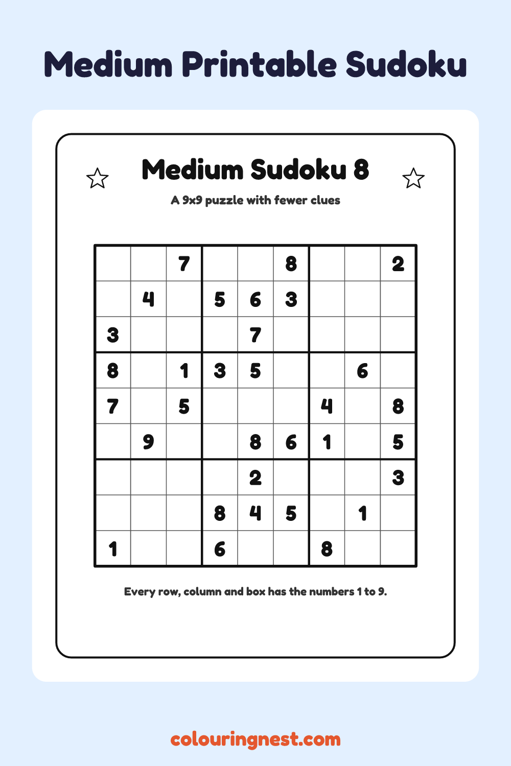 Medium Sudoku #8 worksheet: free printable black-and-white line art