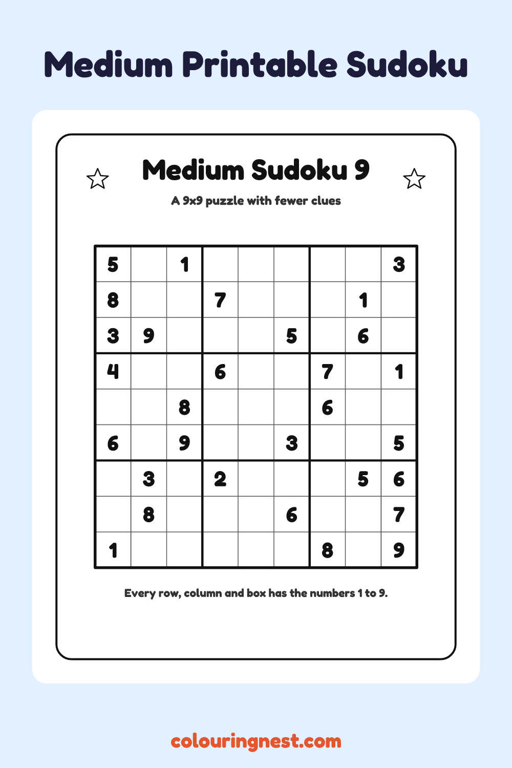 Medium Sudoku #9 worksheet: free printable black-and-white line art