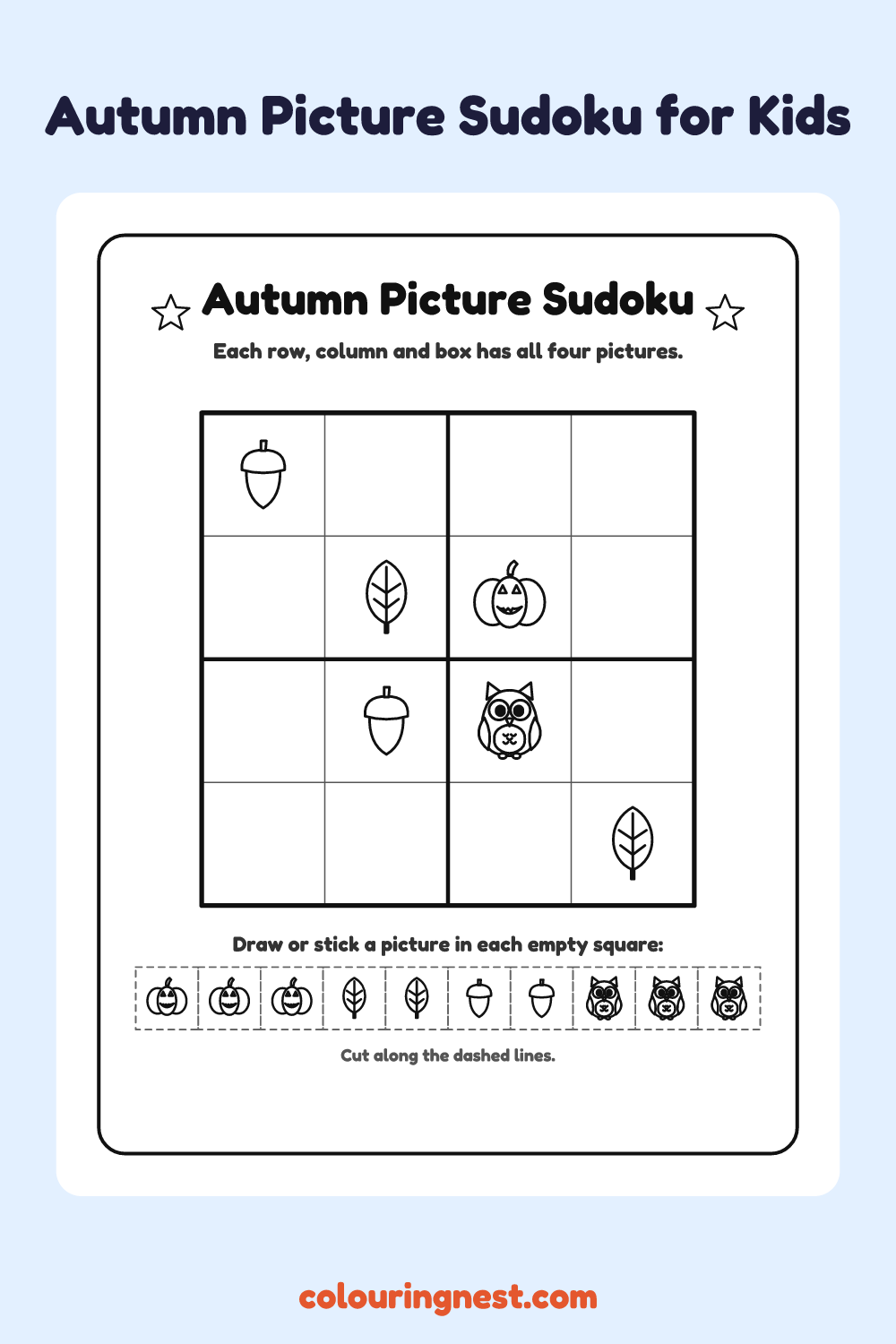 Autumn Picture Sudoku worksheet: free printable black-and-white line art