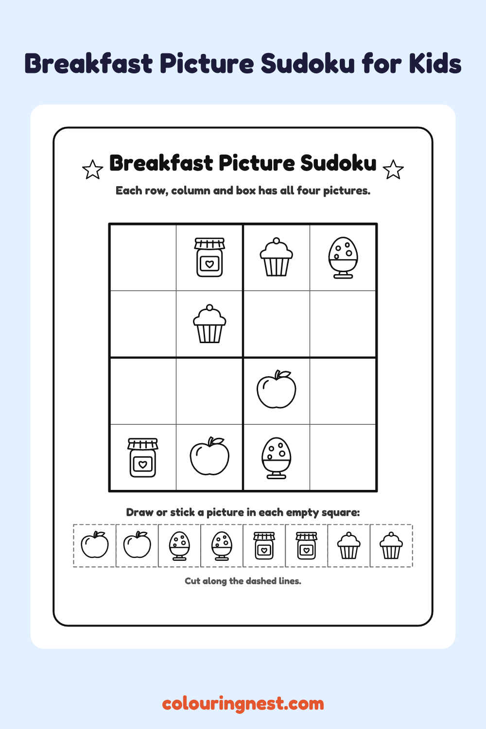 Breakfast Picture Sudoku worksheet: free printable black-and-white line art