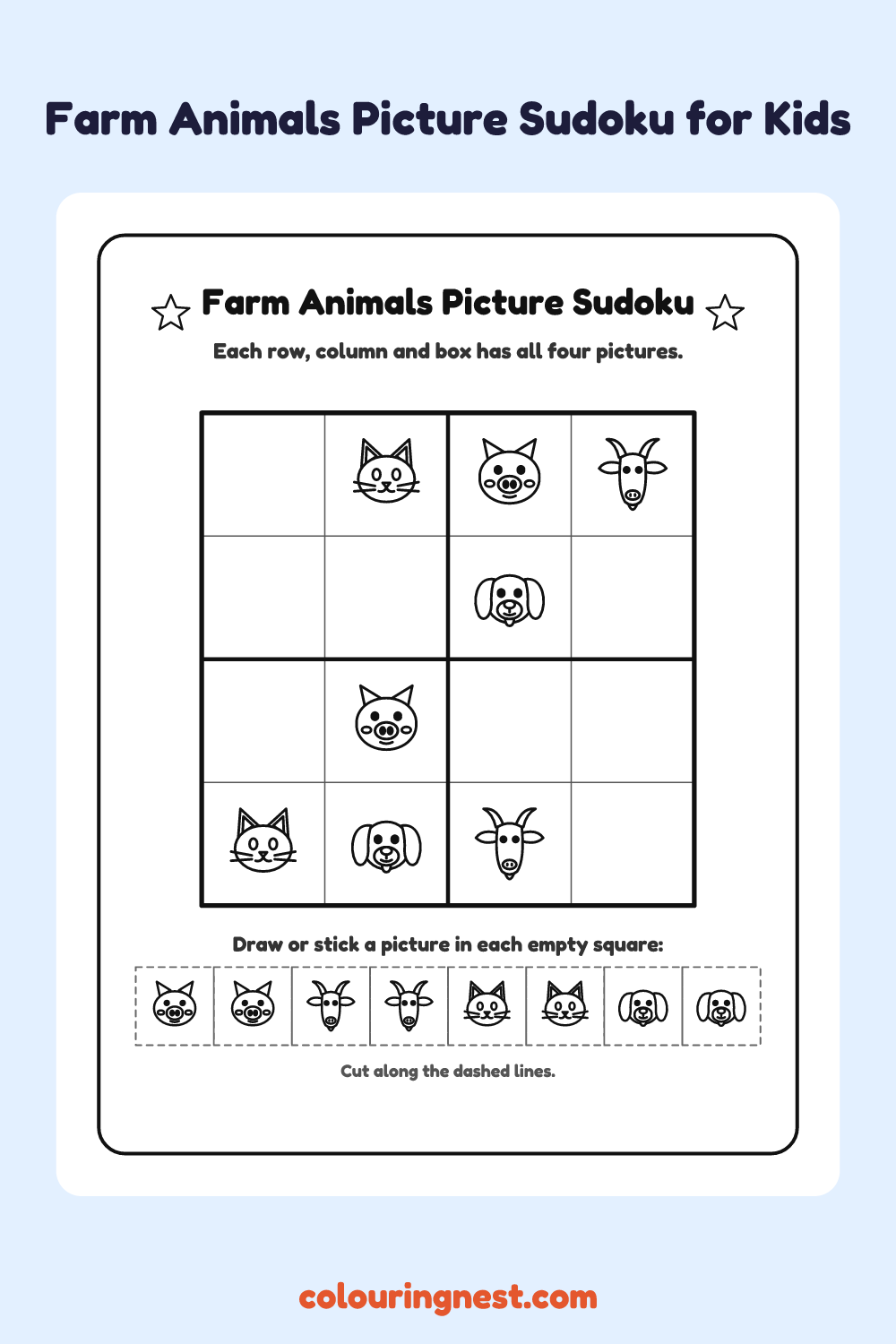 Farm Animals Picture Sudoku worksheet: free printable black-and-white line art